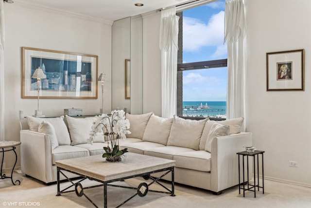 living area featuring baseboards, crown molding, and a water view