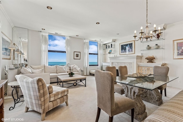 dining space featuring recessed lighting, light carpet, and crown molding