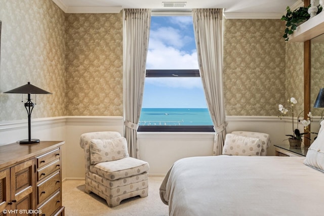 bedroom with a wainscoted wall, wallpapered walls, and carpet