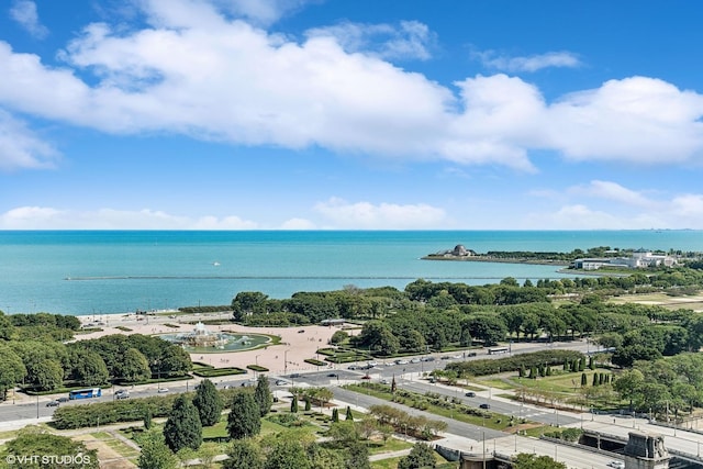 drone / aerial view featuring a water view