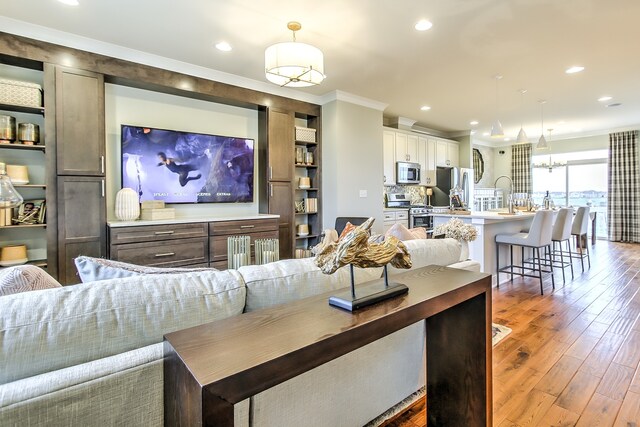 living room featuring crown molding and dark wood-type flooring