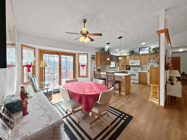 dining room with ceiling fan, light wood-type flooring, and sink