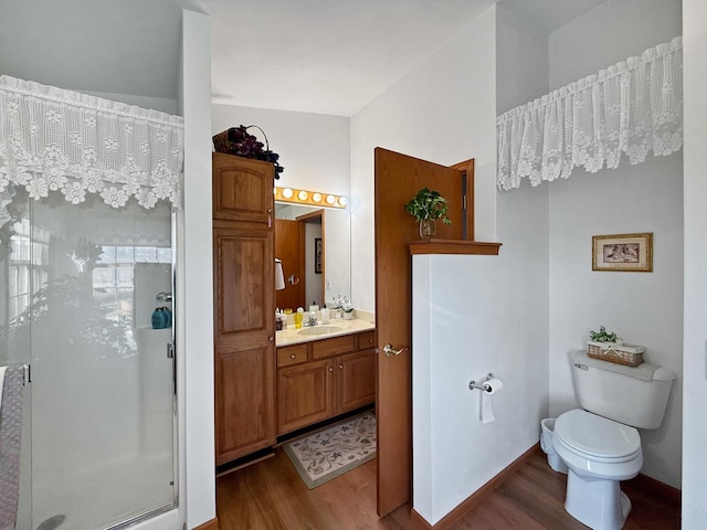 bathroom featuring toilet, an enclosed shower, wood-type flooring, and vanity