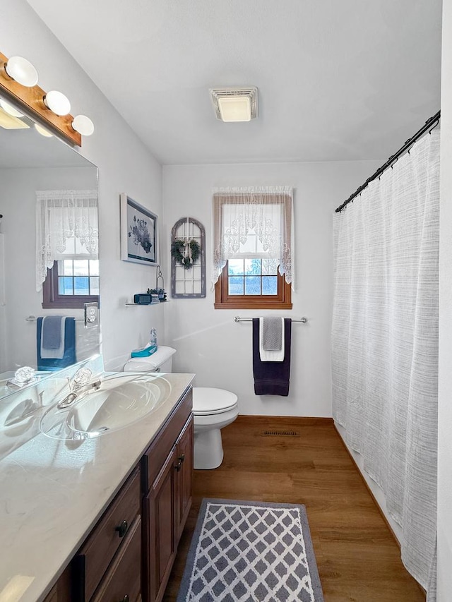 bathroom featuring hardwood / wood-style floors, vanity, and toilet