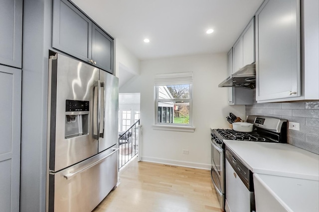 kitchen featuring light hardwood / wood-style floors, backsplash, appliances with stainless steel finishes, and gray cabinetry