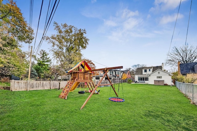 view of jungle gym with a yard