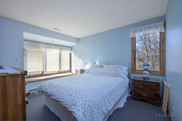 bedroom featuring dark colored carpet, baseboard heating, radiator, and multiple windows