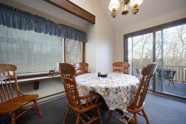 carpeted dining room featuring a chandelier and lofted ceiling with beams