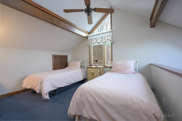 bedroom with vaulted ceiling with beams, carpet floors, and ceiling fan