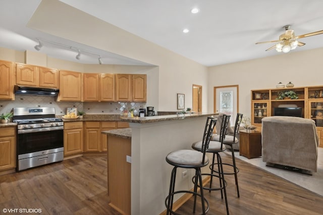 kitchen featuring dark hardwood / wood-style floors, decorative backsplash, stainless steel range with gas cooktop, and a breakfast bar