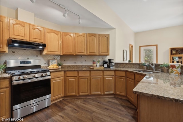 kitchen with sink, decorative backsplash, stainless steel range with gas cooktop, and dark stone counters