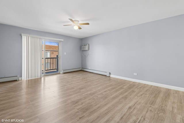 unfurnished room with ceiling fan, baseboard heating, light hardwood / wood-style floors, and a wall mounted air conditioner