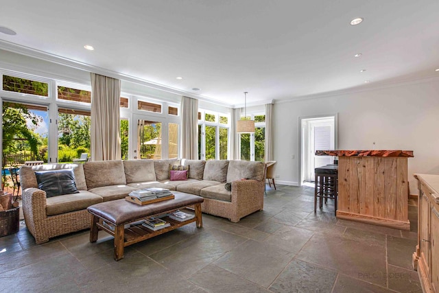 living room with ornamental molding