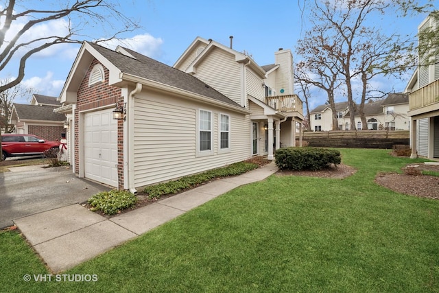 view of property exterior featuring a garage and a yard