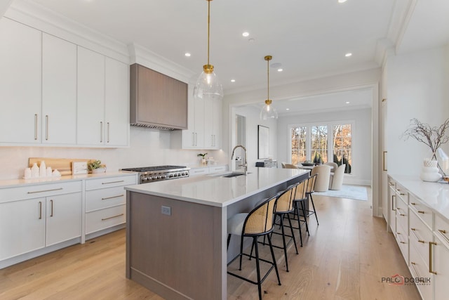 kitchen with pendant lighting, a kitchen island with sink, sink, and white cabinets