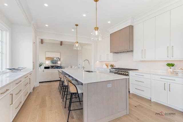 kitchen featuring white cabinetry, sink, hanging light fixtures, crown molding, and a center island with sink