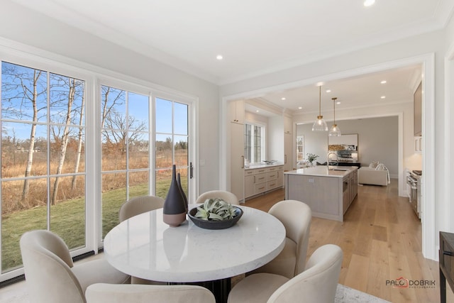 dining area featuring crown molding, sink, and light wood-type flooring