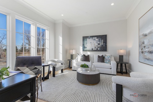 living room featuring hardwood / wood-style flooring and ornamental molding