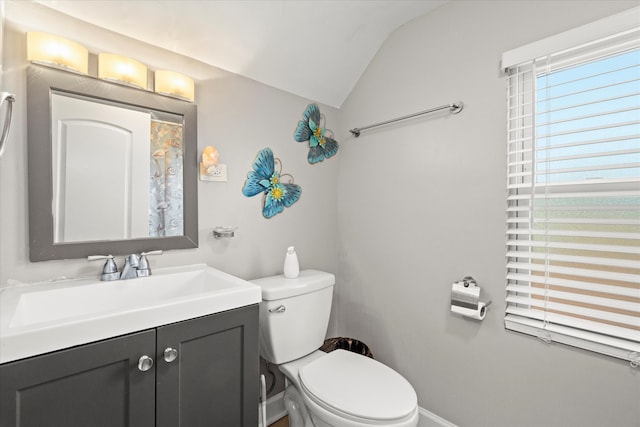 bathroom featuring vanity, toilet, and lofted ceiling