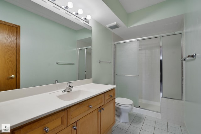 bathroom with toilet, a shower with door, vanity, and tile patterned floors