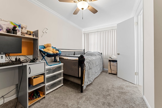 bedroom featuring ceiling fan, ornamental molding, and light carpet