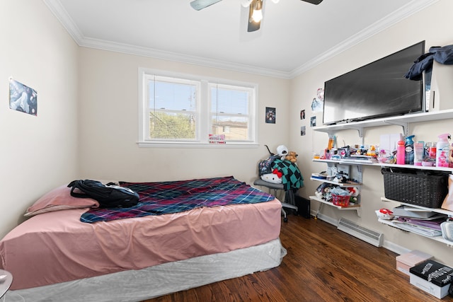 bedroom with ceiling fan, ornamental molding, and dark wood-type flooring