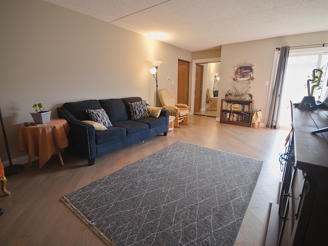 living room with a textured ceiling and hardwood / wood-style flooring