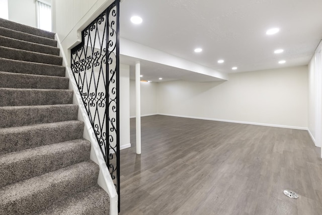 basement with hardwood / wood-style floors