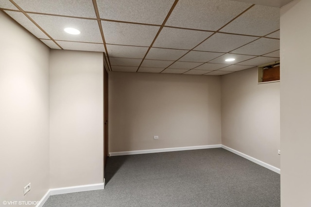 finished basement with recessed lighting, baseboards, and carpet flooring