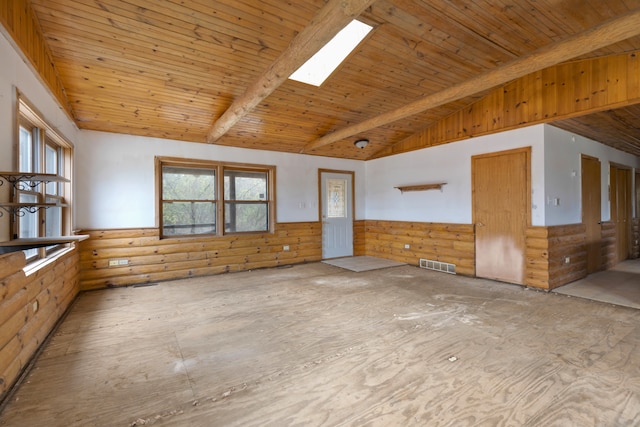 spare room with lofted ceiling with skylight and wooden ceiling