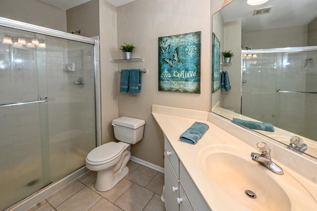 bathroom featuring tile patterned flooring, vanity, toilet, and a shower with door