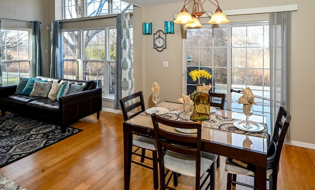 dining room featuring plenty of natural light, light hardwood / wood-style floors, and a chandelier