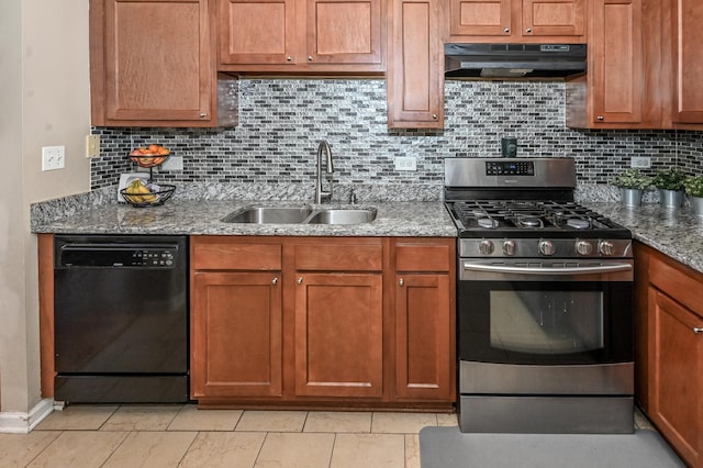 kitchen with backsplash, light stone counters, sink, dishwasher, and stainless steel range with gas stovetop