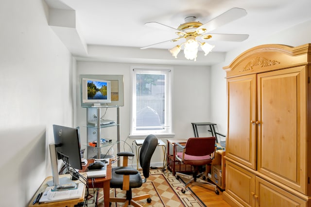 office featuring ceiling fan and light wood-type flooring