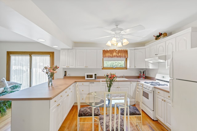 kitchen with light wood-type flooring, white appliances, and a wealth of natural light