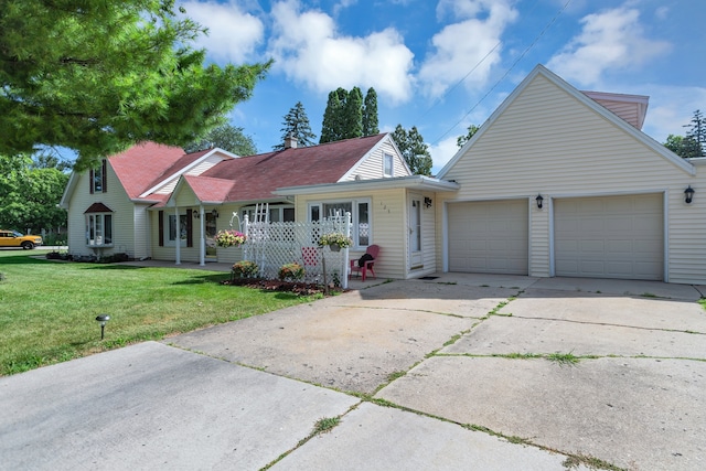 ranch-style home with a front yard, a porch, and a garage