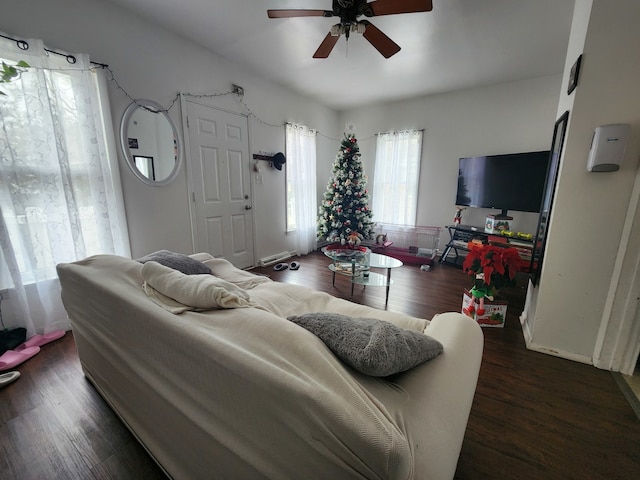 living room with ceiling fan and dark wood-type flooring