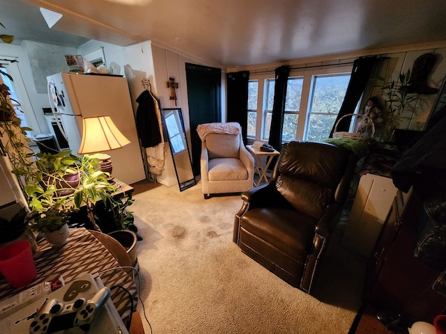 living room with light carpet and a skylight