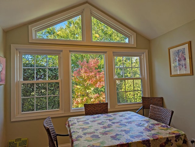 dining area featuring lofted ceiling