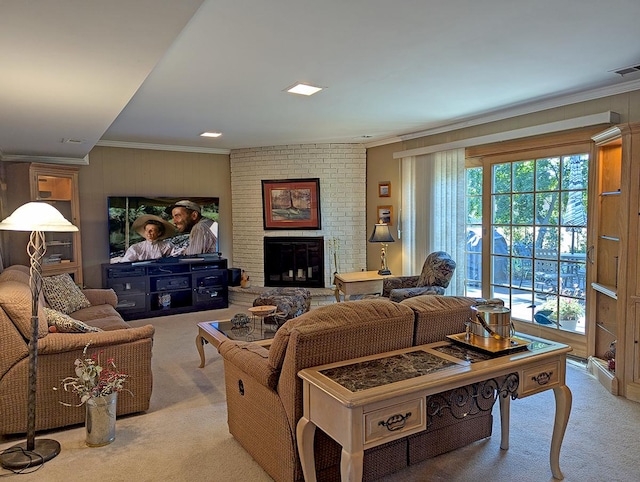 living room with crown molding, light colored carpet, and a brick fireplace