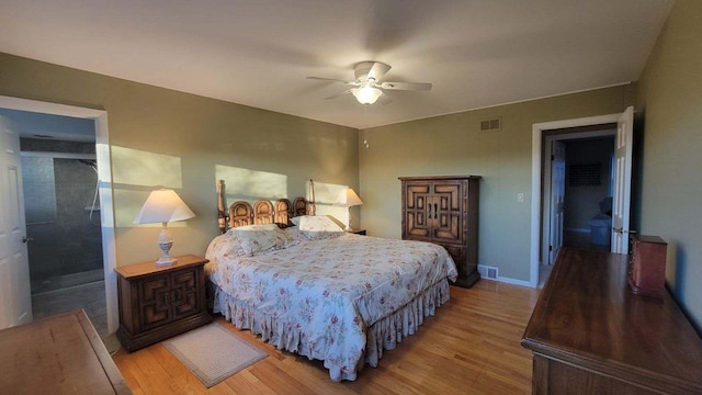 bedroom with ceiling fan and light wood-type flooring