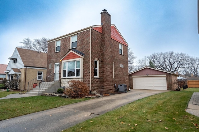 view of front of home with a garage, an outdoor structure, a front yard, and central AC