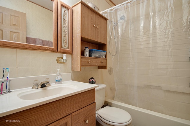 full bathroom with decorative backsplash, vanity, shower / tub combo with curtain, tile walls, and toilet