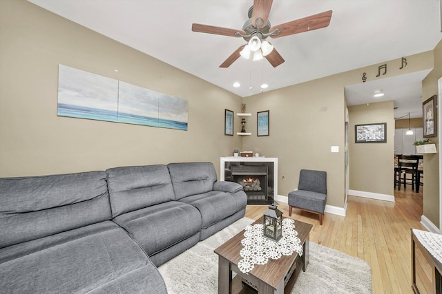 living room with ceiling fan and wood-type flooring