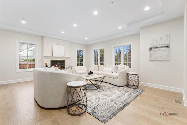 living room with a large fireplace and light hardwood / wood-style floors