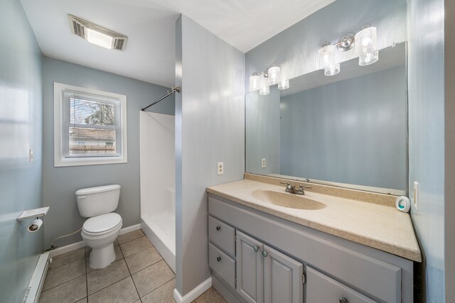 bathroom featuring walk in shower, tile patterned flooring, vanity, and toilet