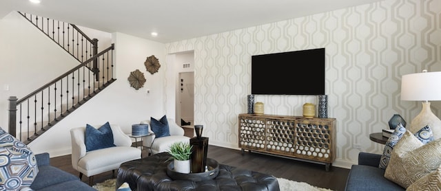 living room featuring dark wood-type flooring