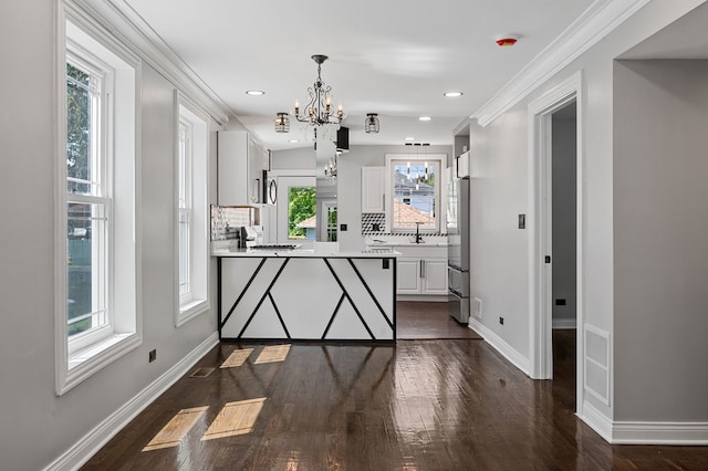 kitchen featuring white cabinets, kitchen peninsula, plenty of natural light, and dark wood-type flooring