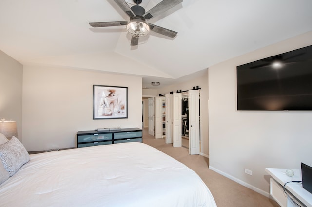 bedroom featuring light colored carpet, ceiling fan, and lofted ceiling