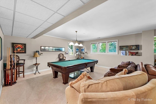 recreation room featuring a drop ceiling, light colored carpet, and pool table